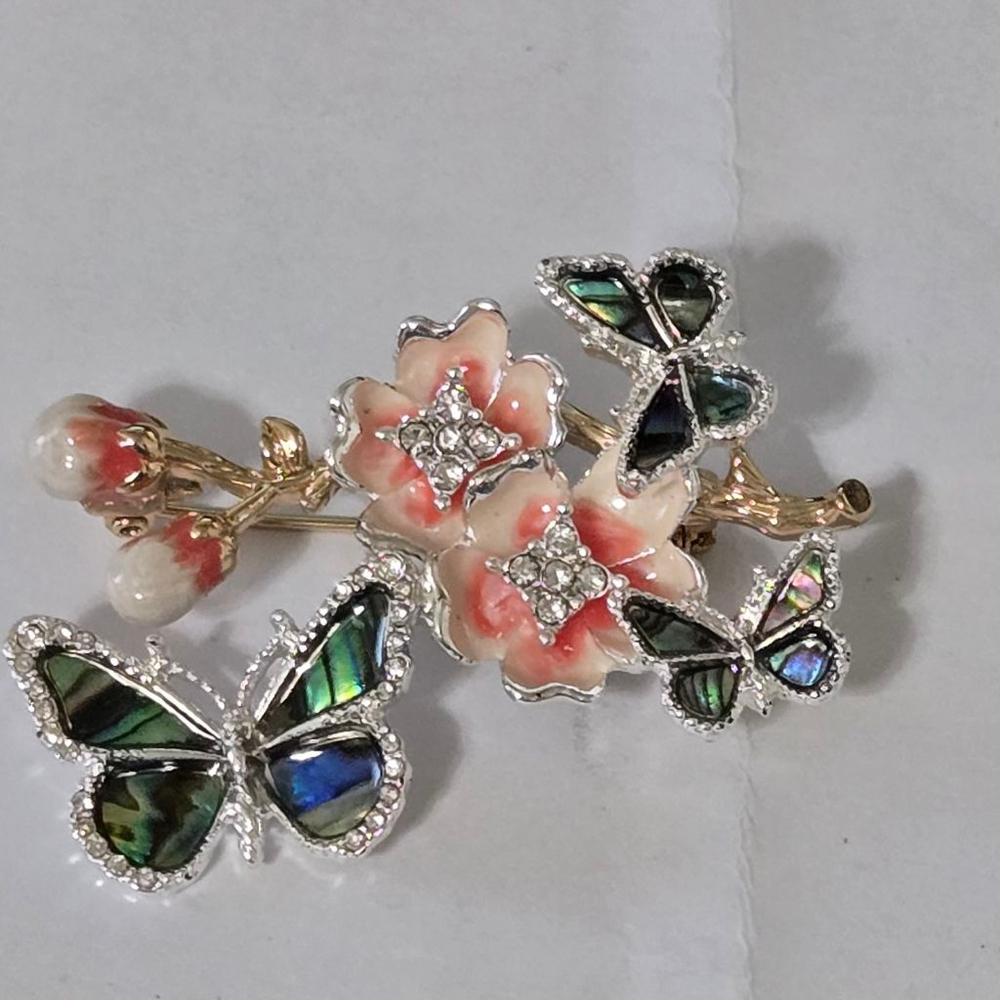 Vintage Anne Klein Butterfly Flower Brooch Silvertone Pink Iridescent Foral Pin